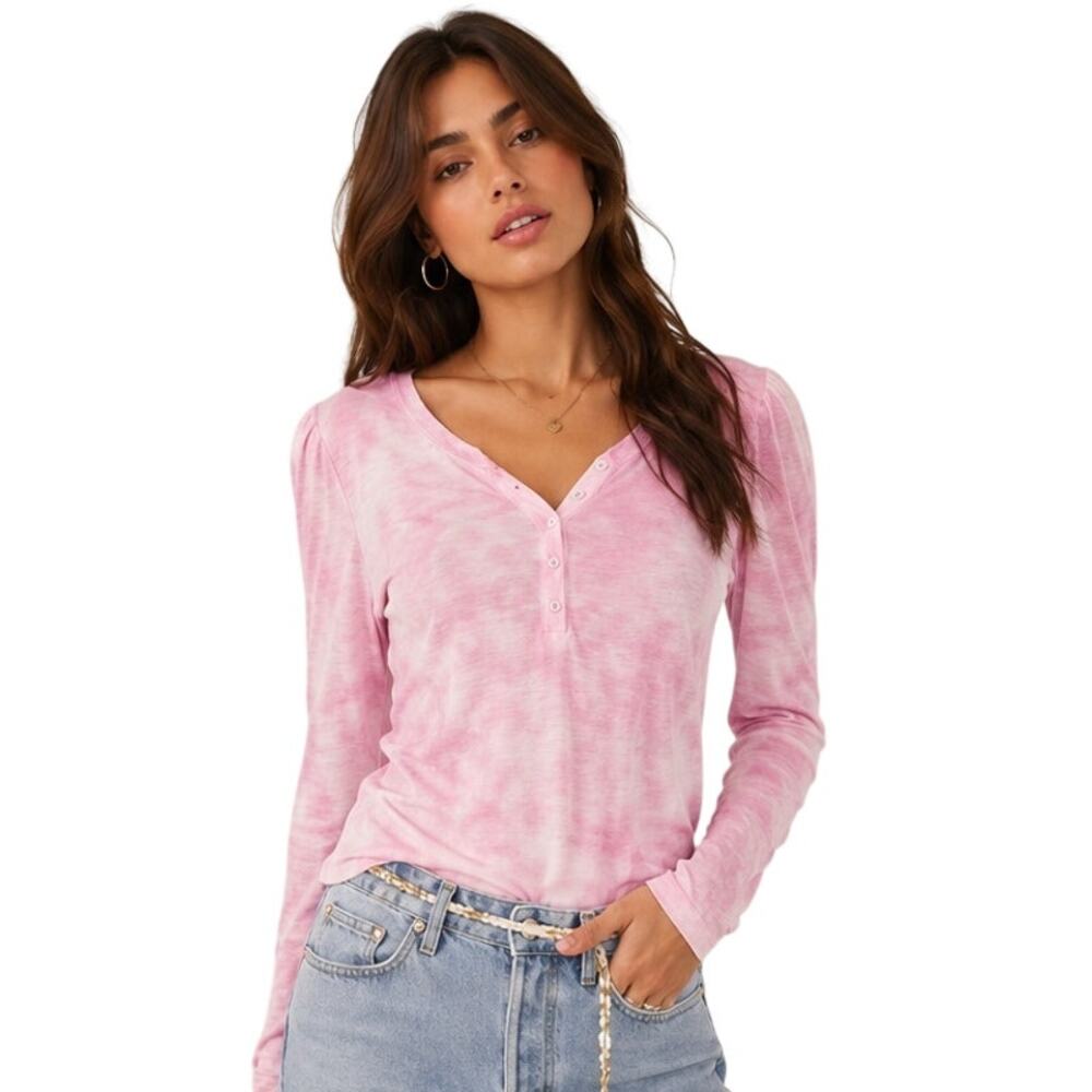 LoveShackFancy Toddy Henley Pure Pink Tie Dye Sheer Long Sleeve Top XS
